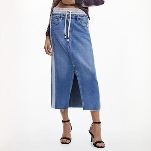DESIGUAL Denim Hybrid Midi Skirt With Slit And Pockets Artsy Size Small
